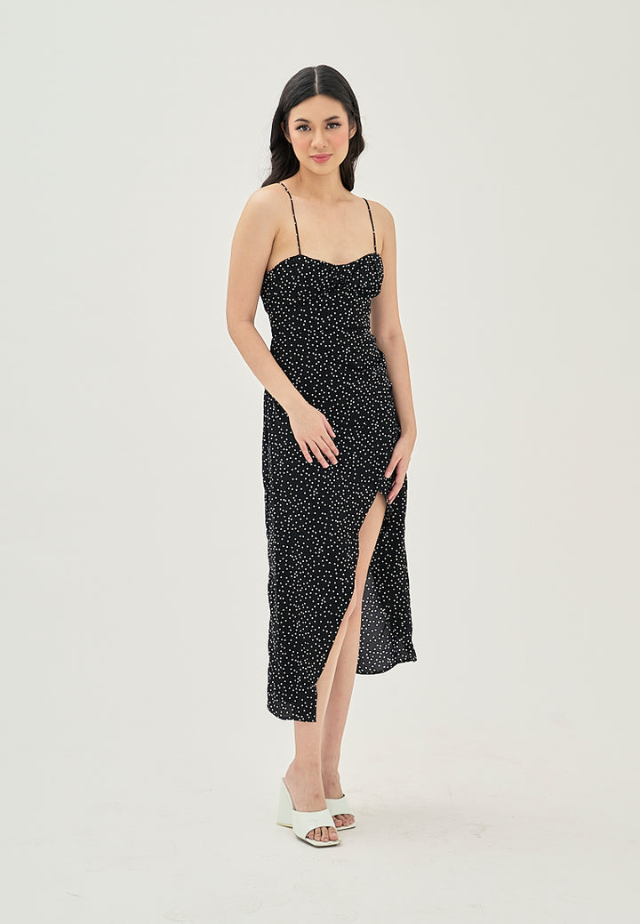 Zinnia Black Polka Dot Print Ruched Bust Front Slit Sleeveless Midi Dress