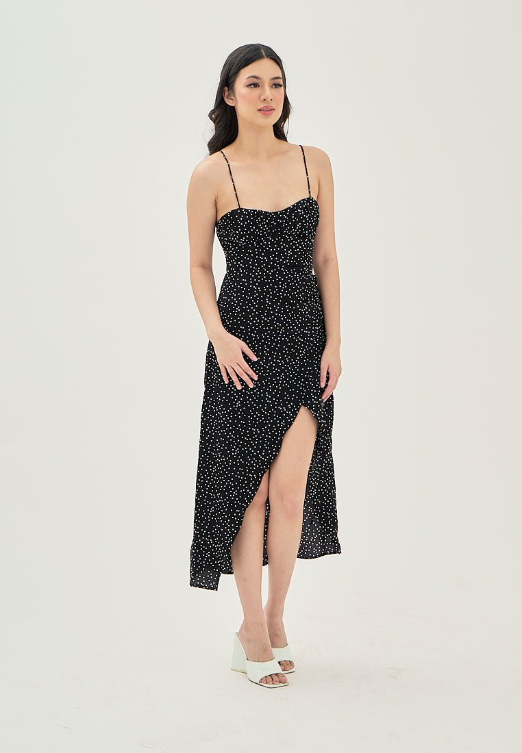 Zinnia Black Polka Dot Print Ruched Bust Front Slit Sleeveless Midi Dress