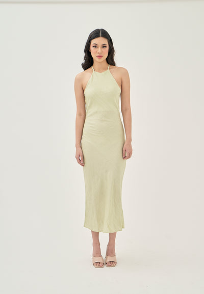 Miffy Pastel Green Lined Textured Hallow Out Back Halter Sleeveless Midi Dress