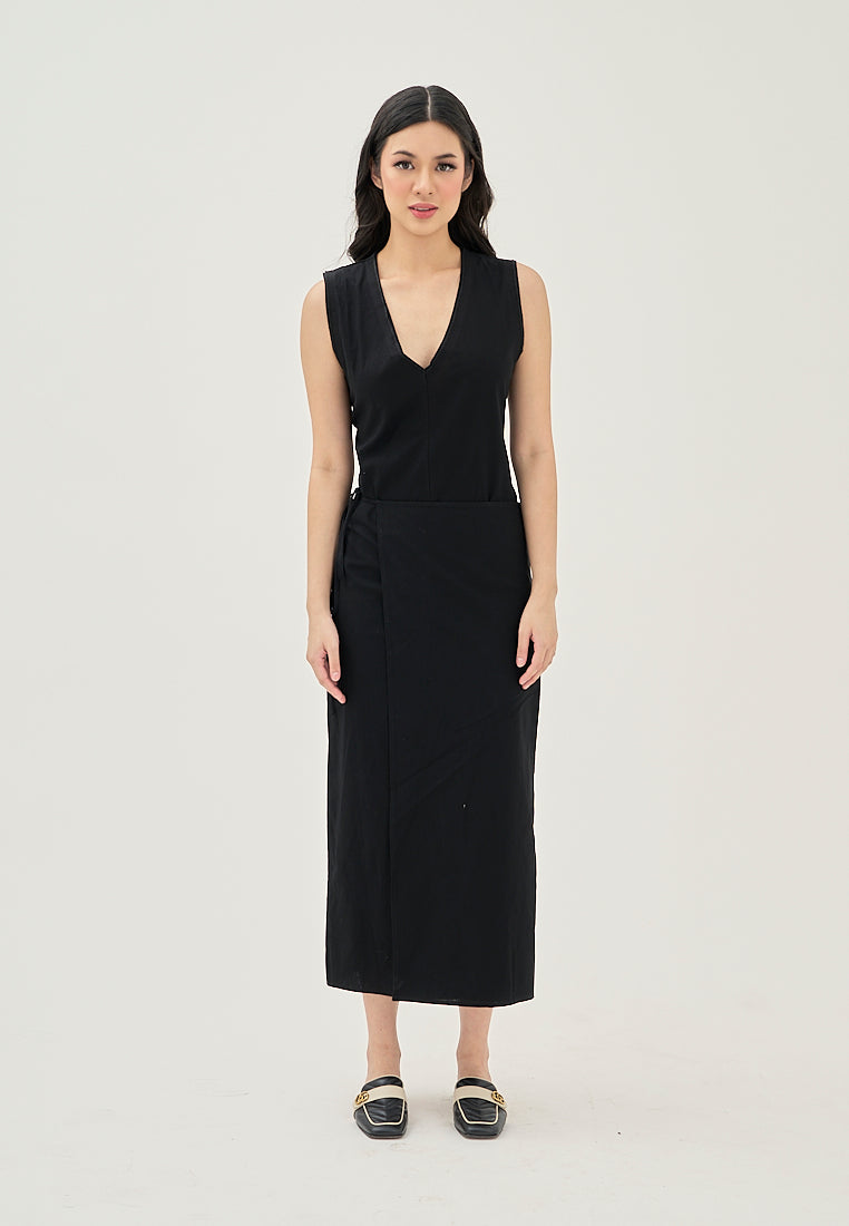 Jumily Black V Neck Overlap Back Zipper Sleeveless Maxi Dress