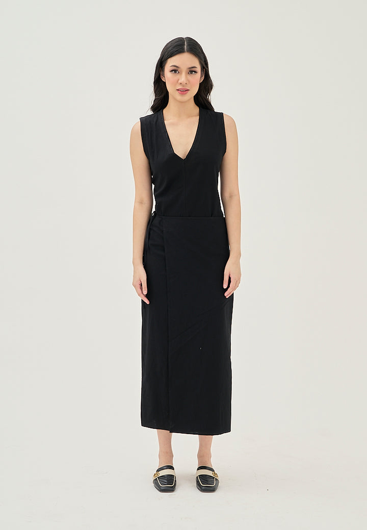 Jumily Black V Neck Overlap Back Zipper Sleeveless Maxi Dress