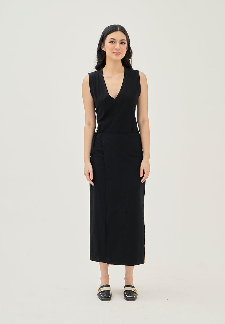 Jumily Black V Neck Overlap Back Zipper Sleeveless Maxi Dress