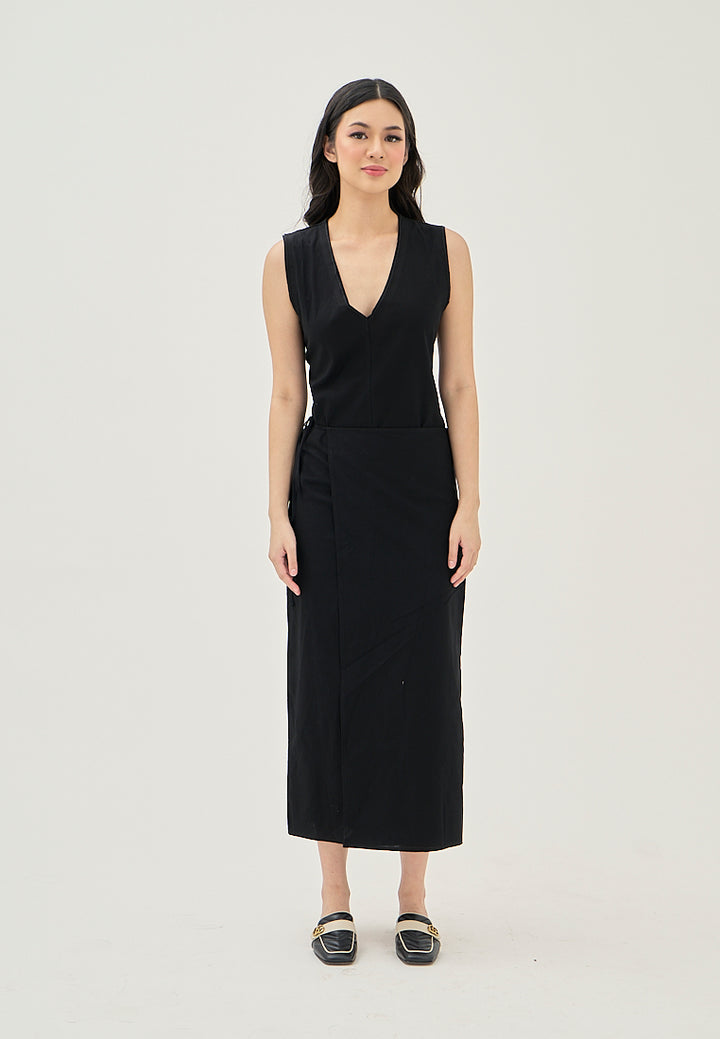 Jumily Black V Neck Overlap Back Zipper Sleeveless Maxi Dress