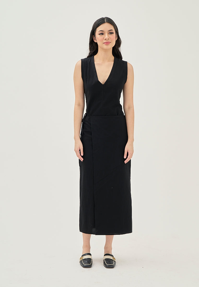 Jumily Black V Neck Overlap Back Zipper Sleeveless Maxi Dress