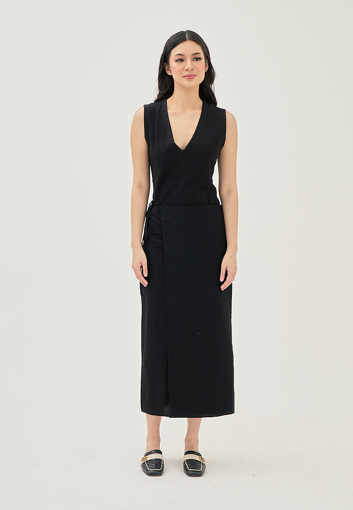 Jumily Black V Neck Overlap Back Zipper Sleeveless Maxi Dress