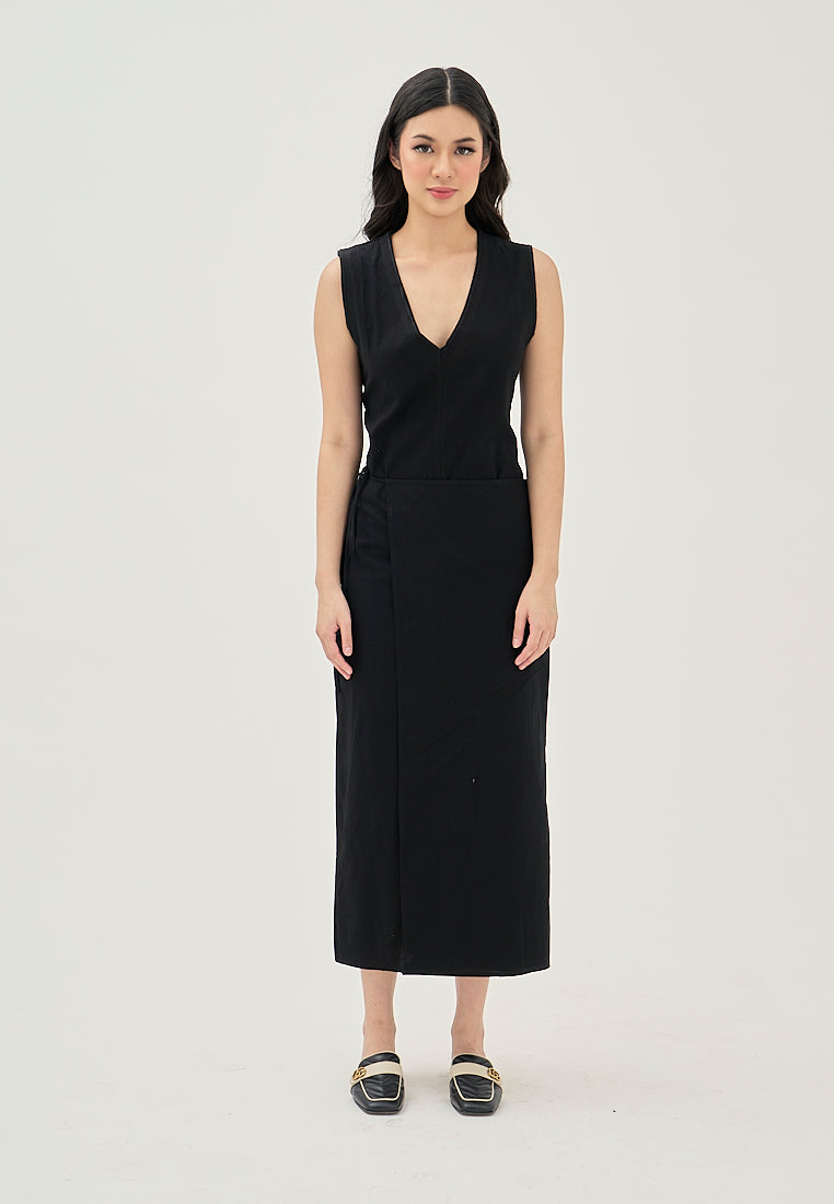 Jumily Black V Neck Overlap Back Zipper Sleeveless Maxi Dress