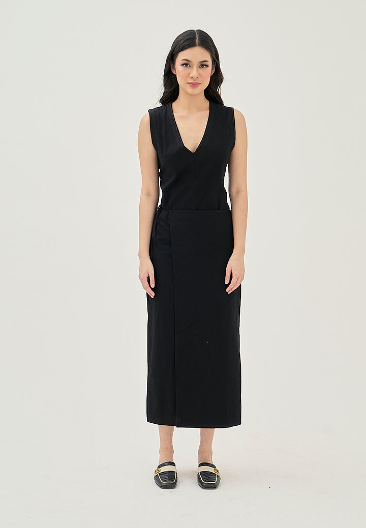 Jumily Black V Neck Overlap Back Zipper Sleeveless Maxi Dress