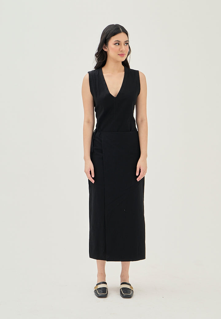 Jumily Black V Neck Overlap Back Zipper Sleeveless Maxi Dress