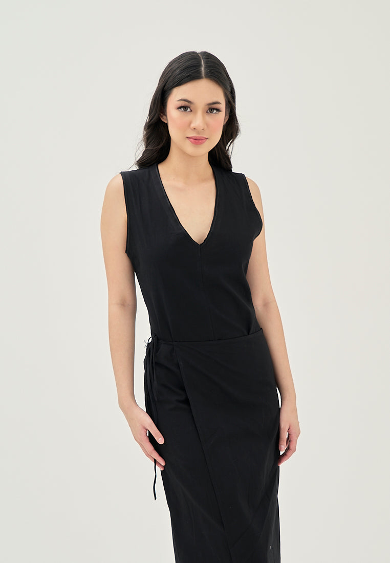 Jumily Black V Neck Overlap Back Zipper Sleeveless Maxi Dress