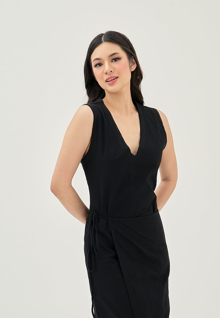 Jumily Black V Neck Overlap Back Zipper Sleeveless Maxi Dress