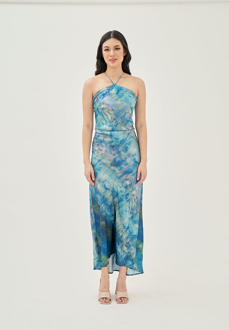 Serina Blue Multi Color Tie Dye Sleeveless Satin Sexy Back Halter Self Tie Strap Maxi Dress