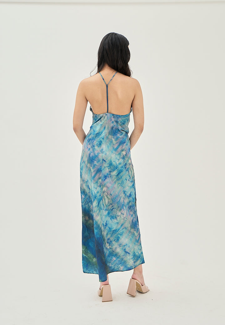 Serina Blue Multi Color Tie Dye Sleeveless Satin Sexy Back Halter Self Tie Strap Maxi Dress