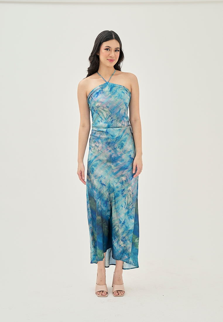 Serina Blue Multi Color Tie Dye Sleeveless Satin Sexy Back Halter Self Tie Strap Maxi Dress