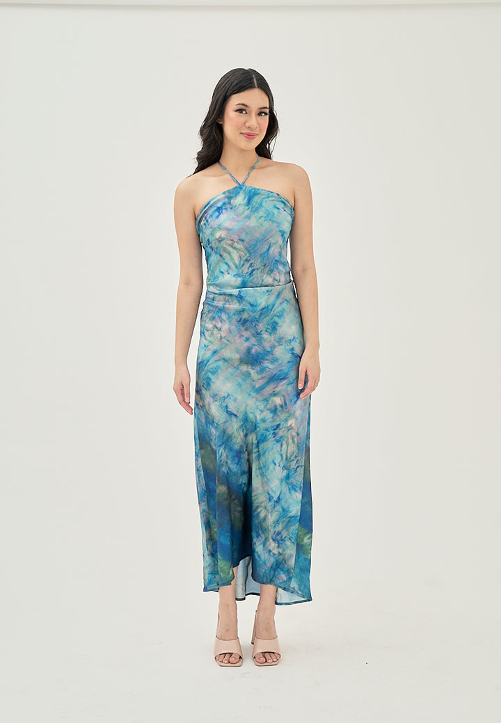 Serina Blue Multi Color Tie Dye Sleeveless Satin Sexy Back Halter Self Tie Strap Maxi Dress
