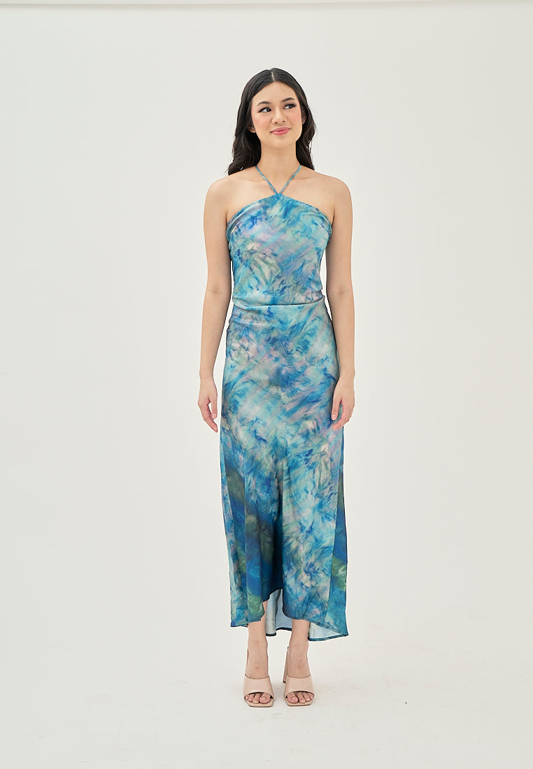 Serina Blue Multi Color Tie Dye Sleeveless Satin Sexy Back Halter Self Tie Strap Maxi Dress