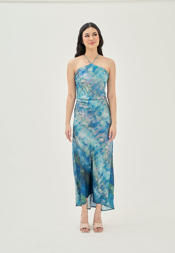 Serina Blue Multi Color Tie Dye Sleeveless Satin Sexy Back Halter Self Tie Strap Maxi Dress