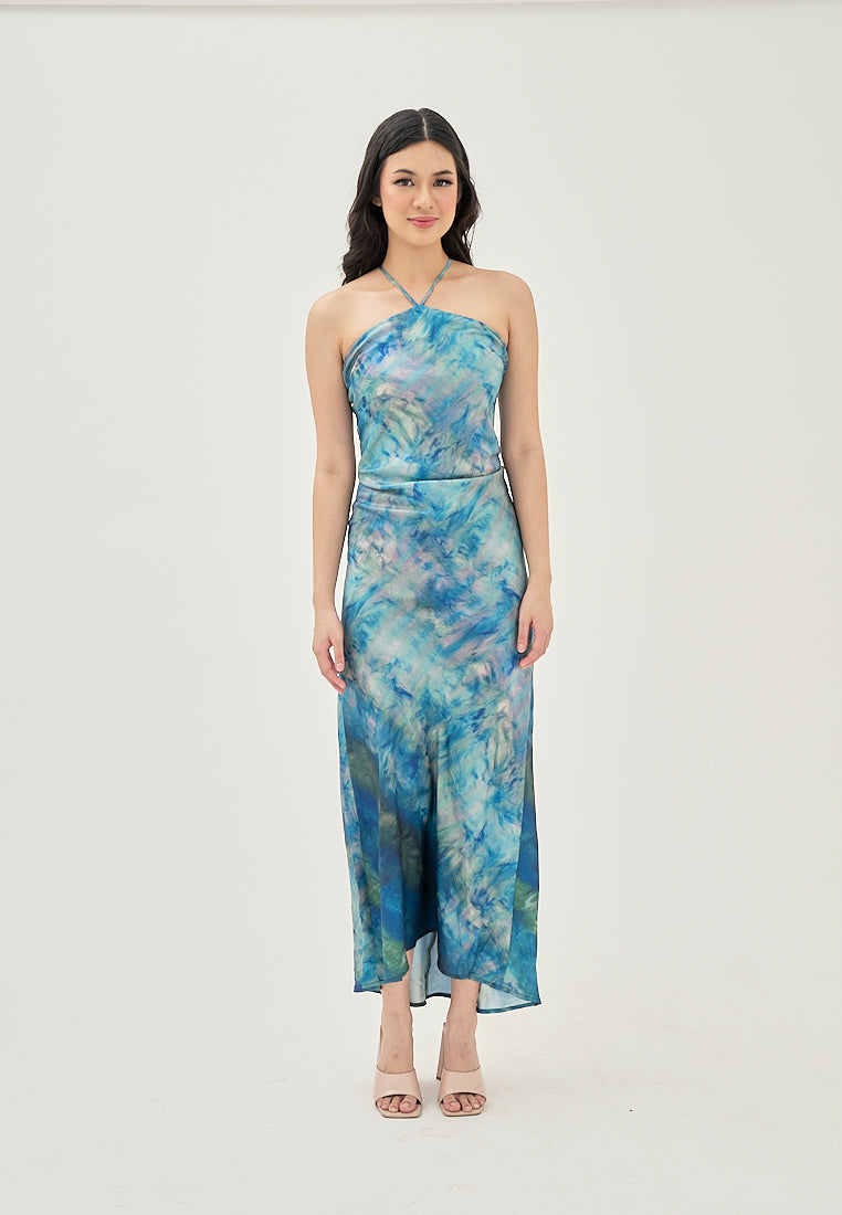 Serina Blue Multi Color Tie Dye Sleeveless Satin Sexy Back Halter Self Tie Strap Maxi Dress