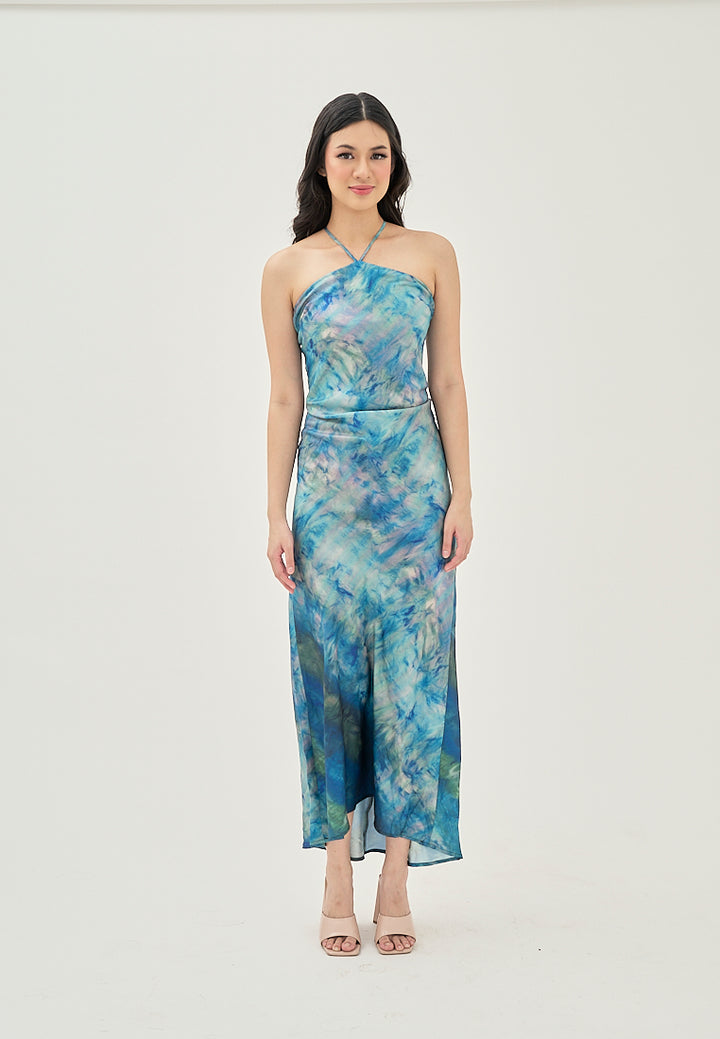 Serina Blue Multi Color Tie Dye Sleeveless Satin Sexy Back Halter Self Tie Strap Maxi Dress