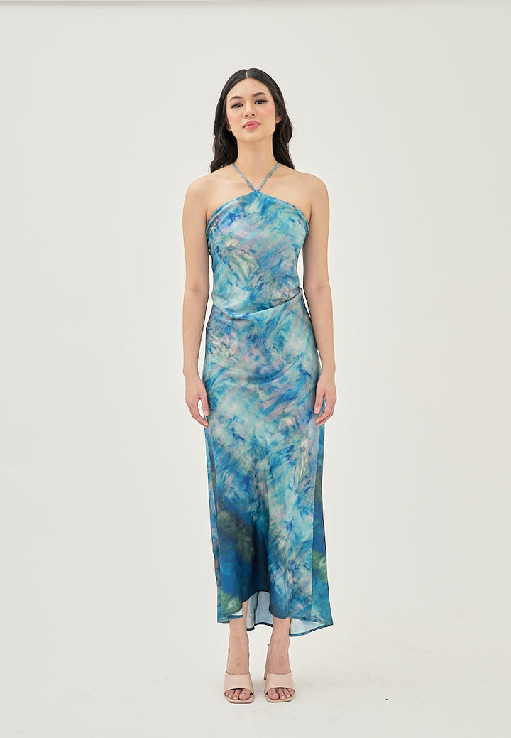 Serina Blue Multi Color Tie Dye Sleeveless Satin Sexy Back Halter Self Tie Strap Maxi Dress