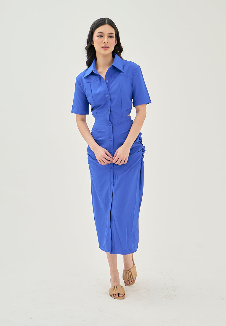 Lenard Navy Blue Collared Buttondown Short Sleeves Hollow Out Waist Ruch Side Midi Dress