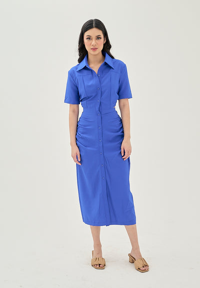Lenard Navy Blue Collared Buttondown Short Sleeves Hollow Out Waist Ruch Side Midi Dress