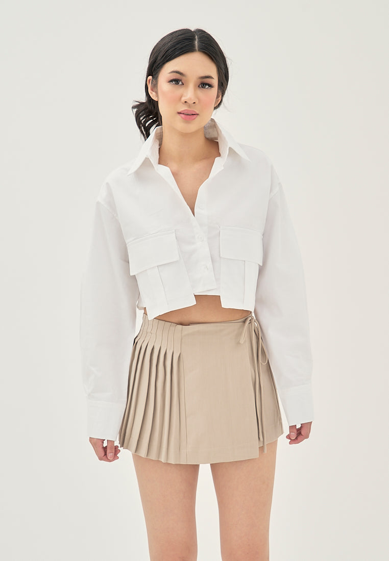 Darina White Turn Down Collar Button Up Front Pockets Long Sleeve Crop Top
