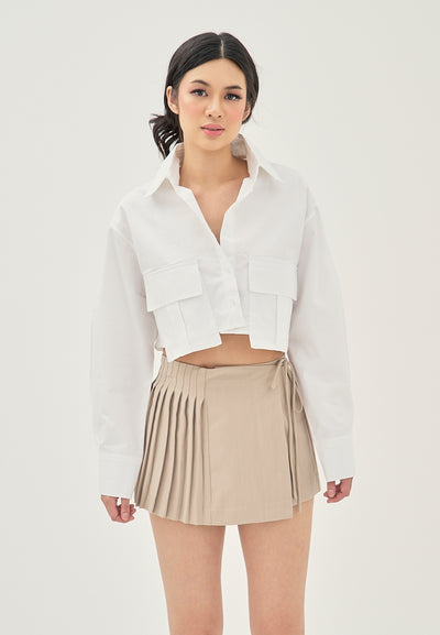 Darina White Turn Down Collar Button Up Front Pockets Long Sleeve Crop Top