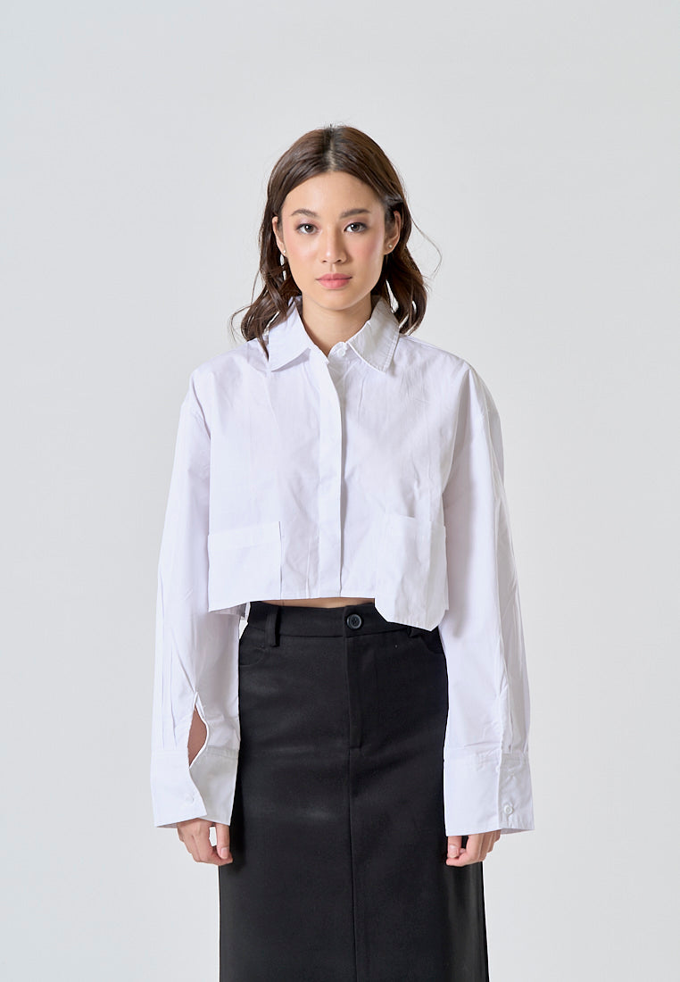 Darina White Turn Down Collar Button Up Front Pockets Long Sleeve Crop Top