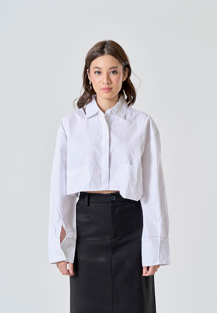 Darina White Turn Down Collar Button Up Front Pockets Long Sleeve Crop Top