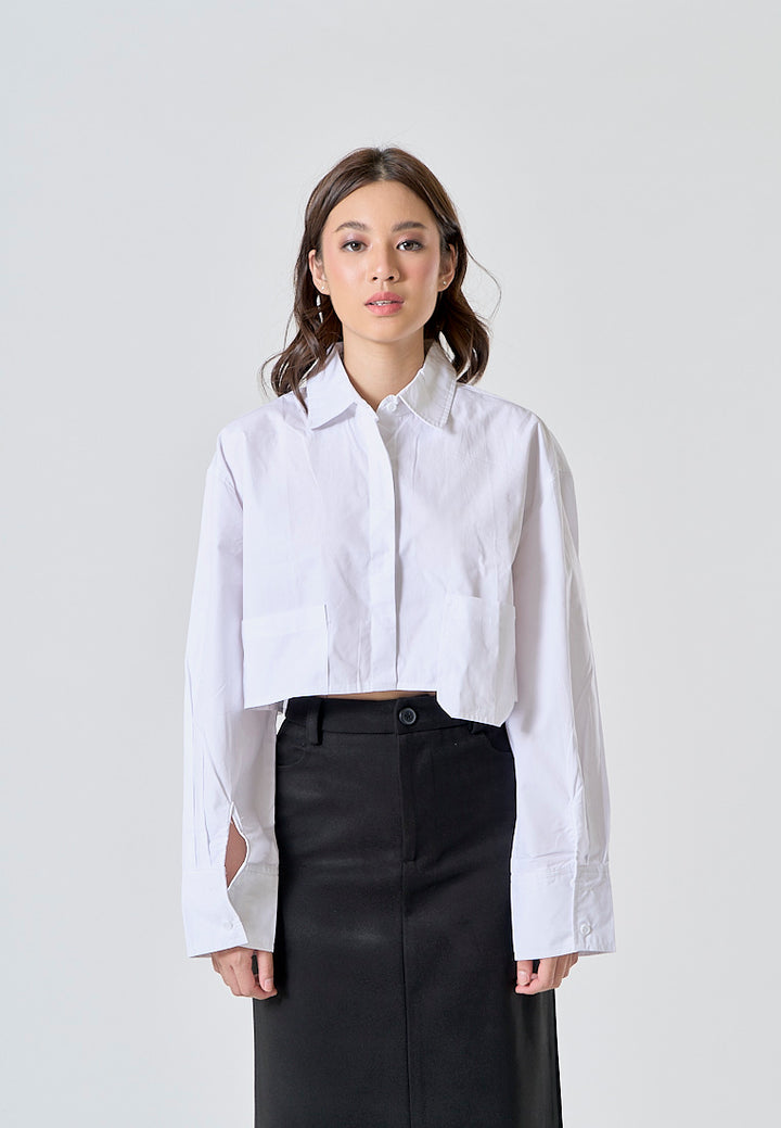 Darina White Turn Down Collar Button Up Front Pockets Long Sleeve Crop Top