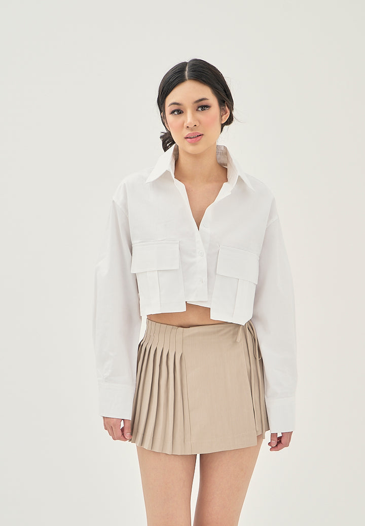 Darina White Turn Down Collar Button Up Front Pockets Long Sleeve Crop Top