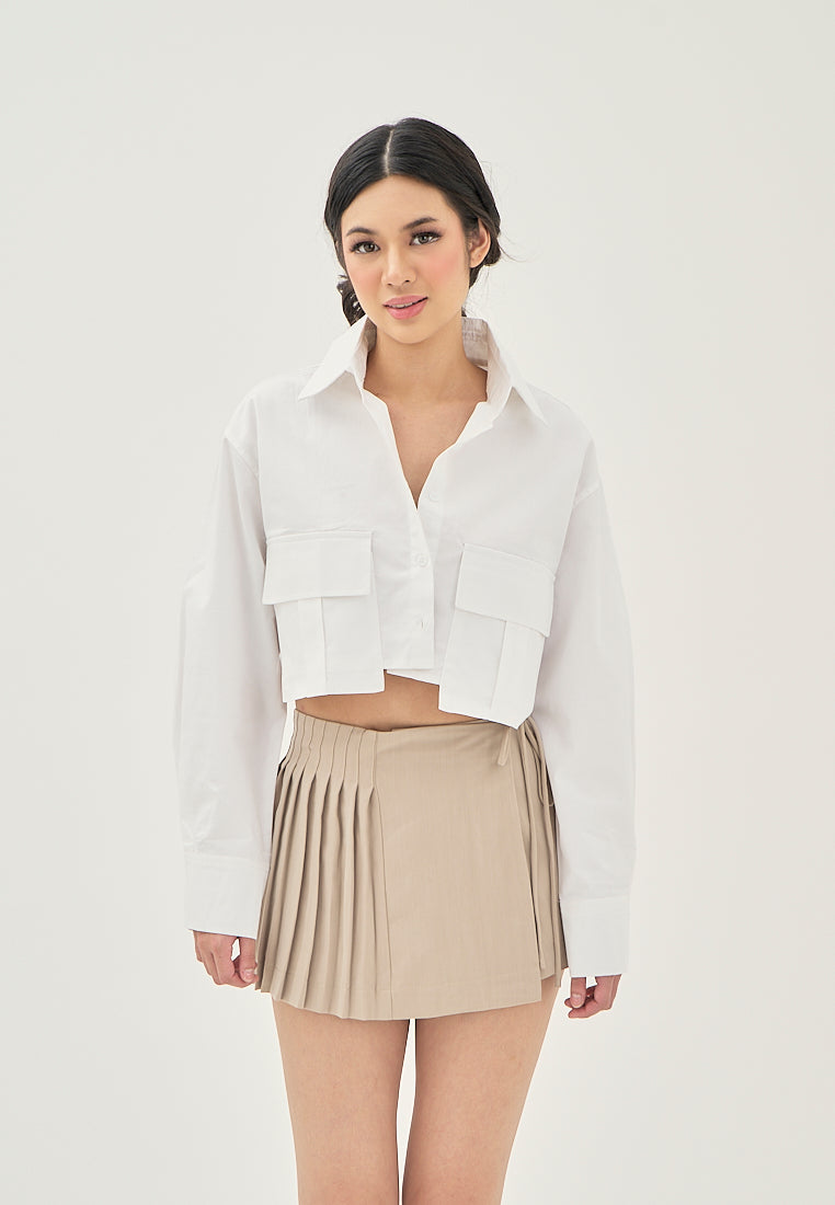 Darina White Turn Down Collar Button Up Front Pockets Long Sleeve Crop Top