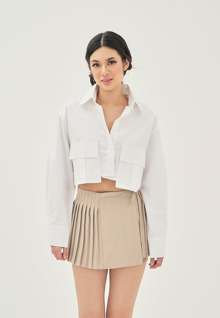 Darina White Turn Down Collar Button Up Front Pockets Long Sleeve Crop Top