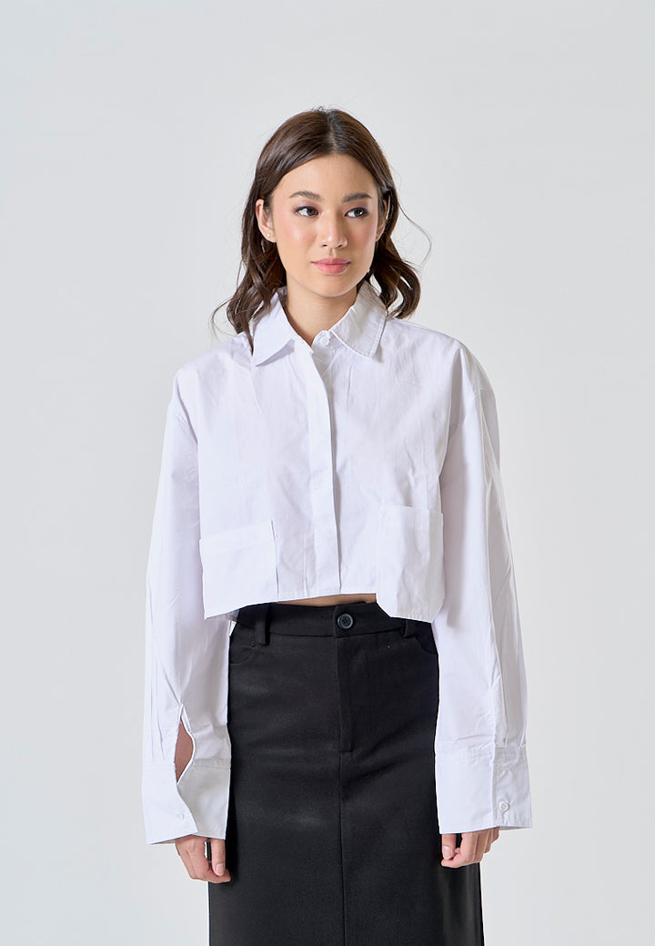 Darina White Turn Down Collar Button Up Front Pockets Long Sleeve Crop Top
