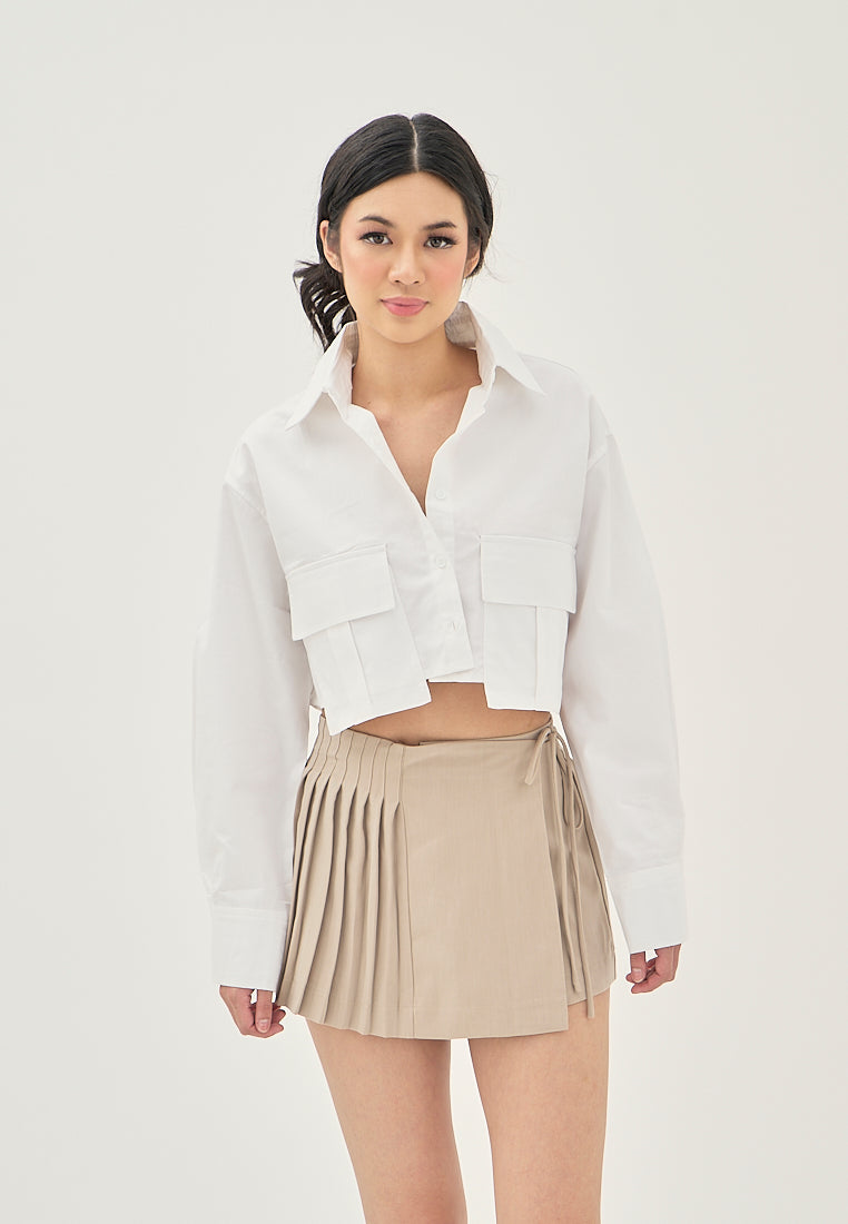 Darina White Turn Down Collar Button Up Front Pockets Long Sleeve Crop Top