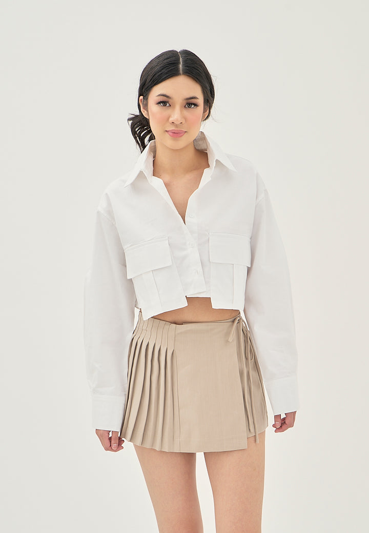Darina White Turn Down Collar Button Up Front Pockets Long Sleeve Crop Top