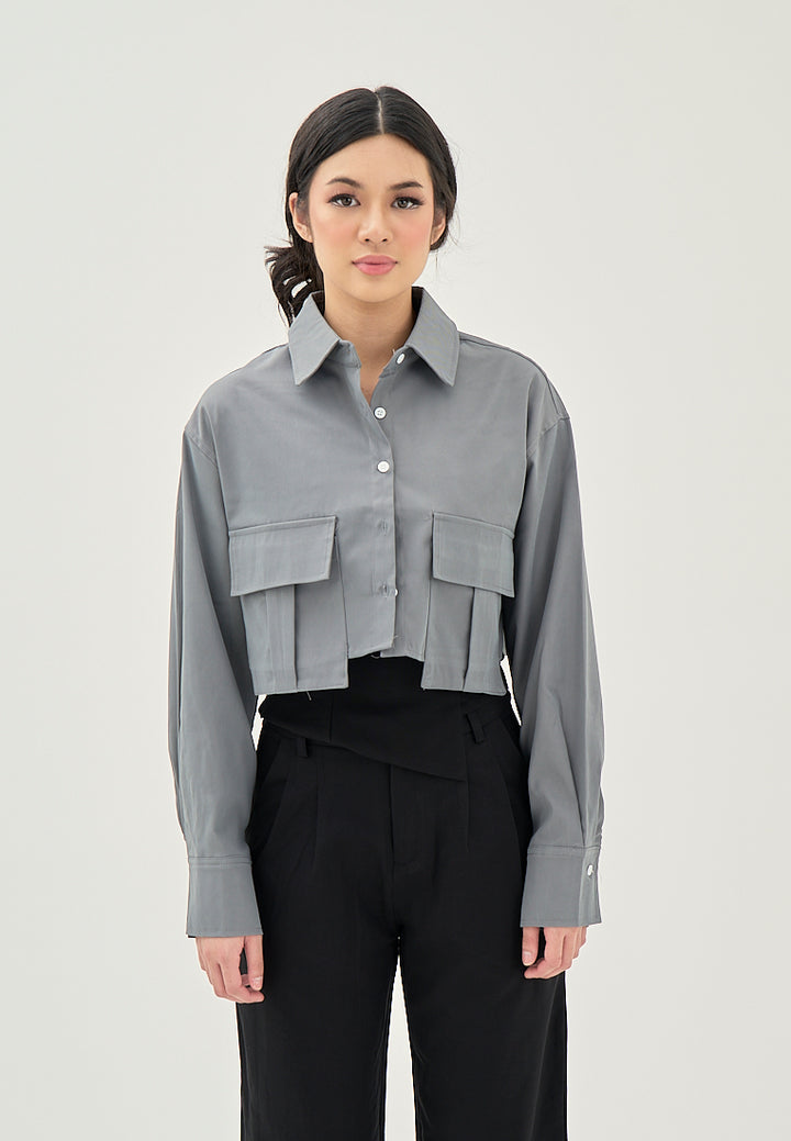 Darina Deep Green Turn Down Collar Button Up Front Pockets Long Sleeve Crop Top