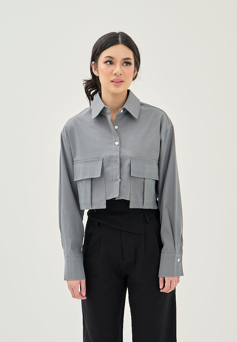 Darina Deep Green Turn Down Collar Button Up Front Pockets Long Sleeve Crop Top