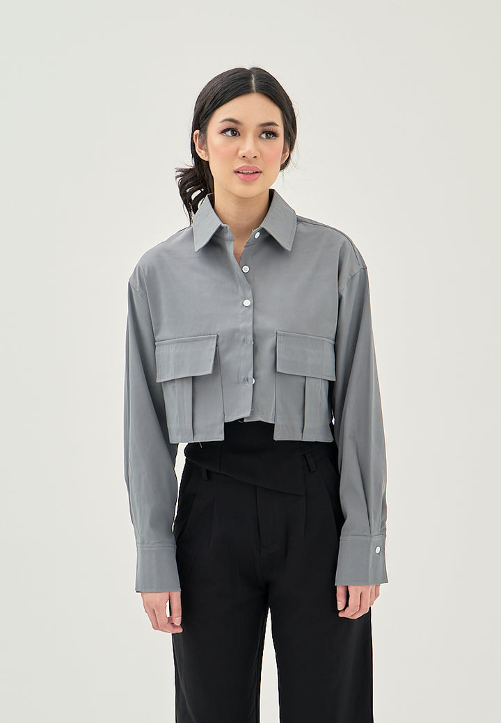 Darina Deep Green Turn Down Collar Button Up Front Pockets Long Sleeve Crop Top