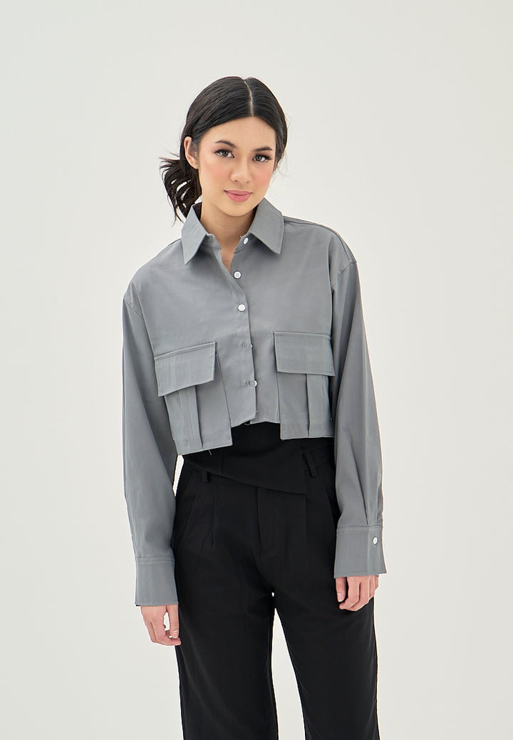 Darina Deep Green Turn Down Collar Button Up Front Pockets Long Sleeve Crop Top