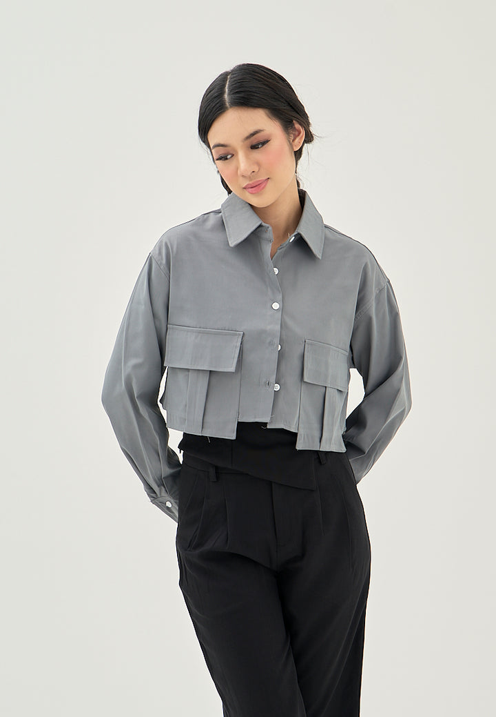 Darina Deep Green Turn Down Collar Button Up Front Pockets Long Sleeve Crop Top