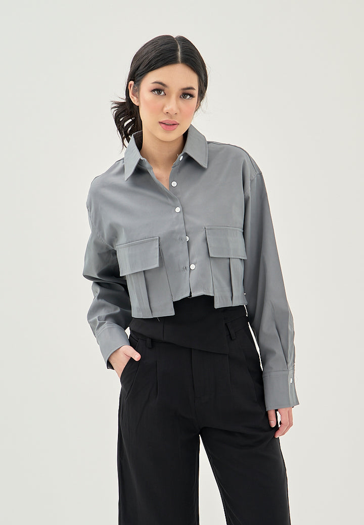 Darina Deep Green Turn Down Collar Button Up Front Pockets Long Sleeve Crop Top