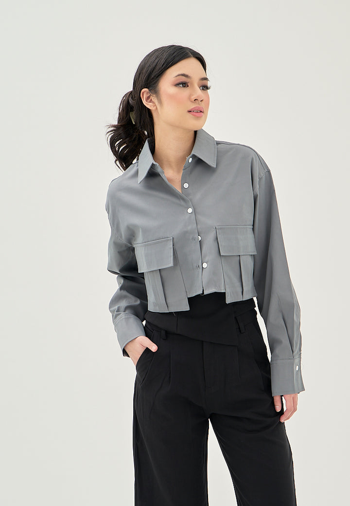 Darina Deep Green Turn Down Collar Button Up Front Pockets Long Sleeve Crop Top