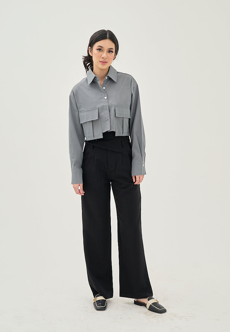 Darina Deep Green Turn Down Collar Button Up Front Pockets Long Sleeve Crop Top