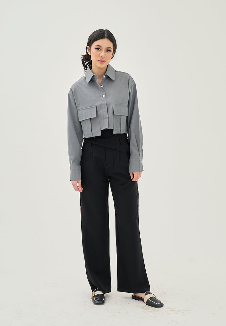 Darina Deep Green Turn Down Collar Button Up Front Pockets Long Sleeve Crop Top