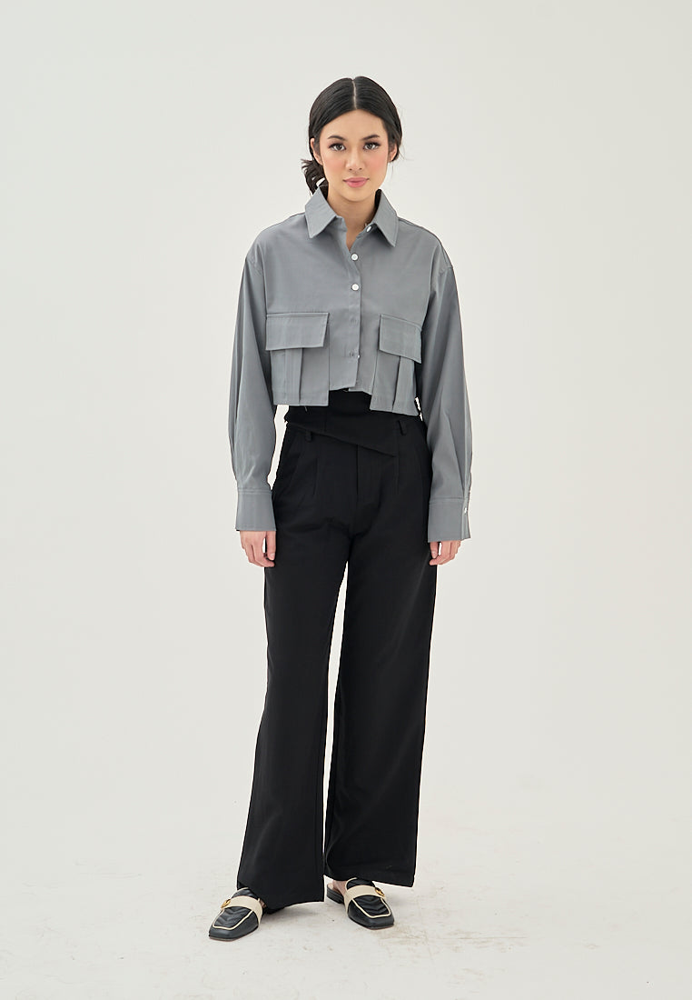 Darina Deep Green Turn Down Collar Button Up Front Pockets Long Sleeve Crop Top