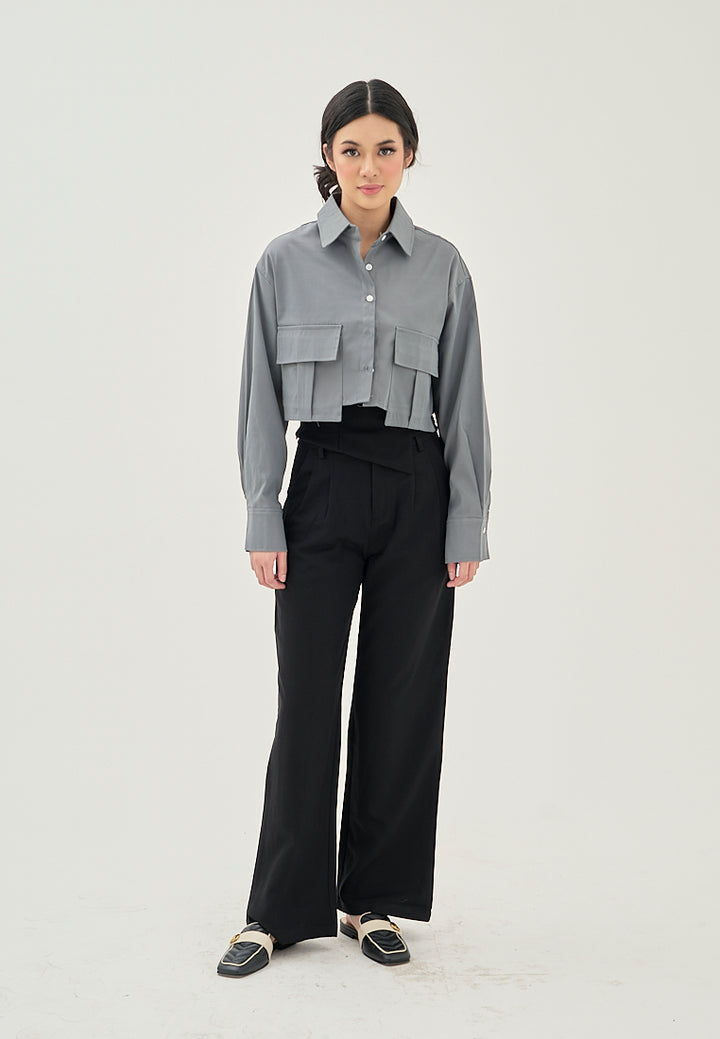 Darina Deep Green Turn Down Collar Button Up Front Pockets Long Sleeve Crop Top