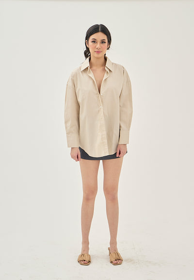 Vanna Beige Turn Down Colar Button Down Casual Long Sleeve Top