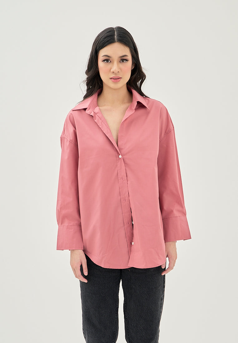 Vanna  Pink Turn Down Colar Button Down Casual Long Sleeve Top