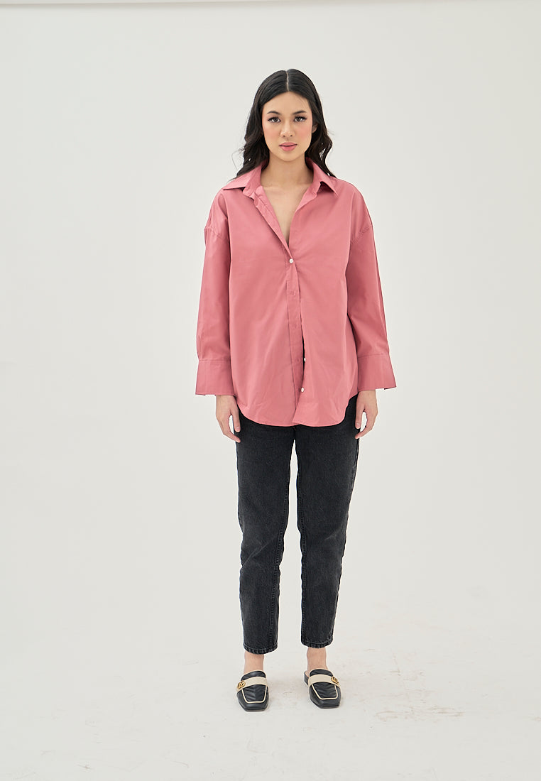 Vanna  Pink Turn Down Colar Button Down Casual Long Sleeve Top